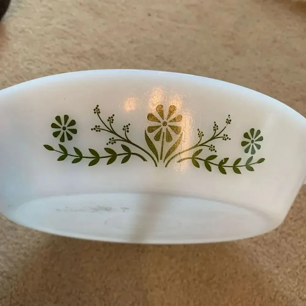 Glasbake J2352 Green Daisies Divided Milk Glass Casserole Dish 12” Long